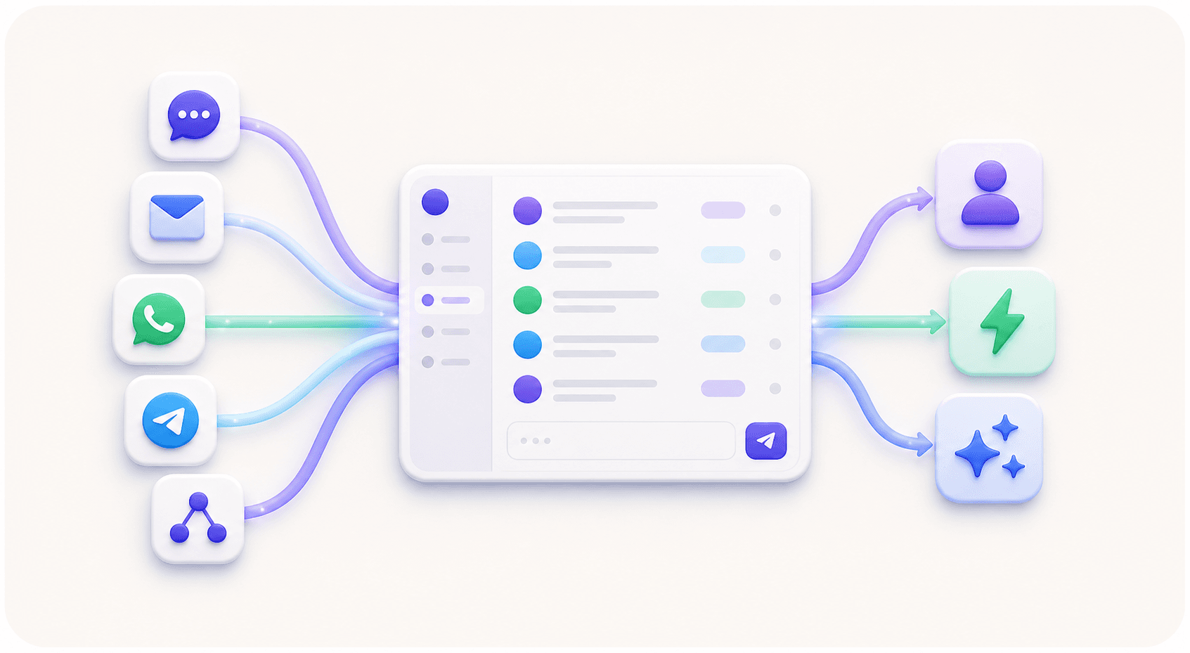 Canales conectados a una única bandeja que activa respuestas, automatizaciones e inteligencia artificial